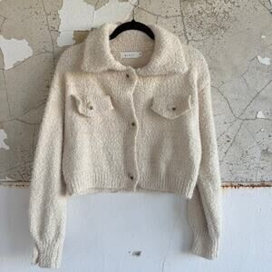 Mable Sweater Jacket Boucle‎ Knit Cropped Fuzzy Teddy Knit Womens S Minimalist